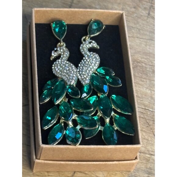 Peacock Crystal Drop Earrings With Green Gemstones - Picture 9 of 9